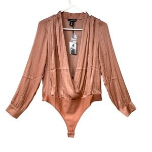 Women’s Satin Plunge Neck Thong Bodysuit Top S New